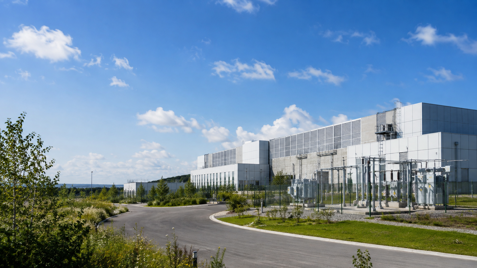Campus de data center moderne sous un ciel bleu